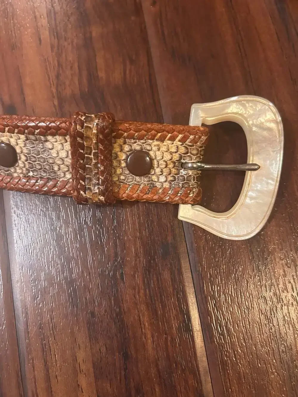 Vintage Snakeskin Pattern Woven Leather Belt with Mother of Pearl Style Buckle